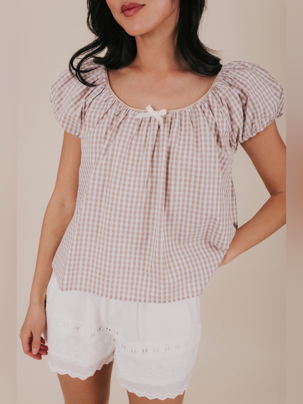 One Loved Babe Gingham Puff Sleeve Bow Blouse